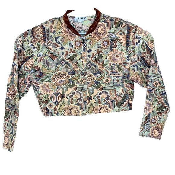 Banjo Jackets & Blazers - Banjo Dallas TX Crop Jacket Womens XL Tan Western Floral Aztec Brocade Long Slv